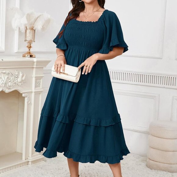 Women's Plus Size Maxi Dress Polyester Square Neck Short Sleeves Elegant - Picture 5 of 7